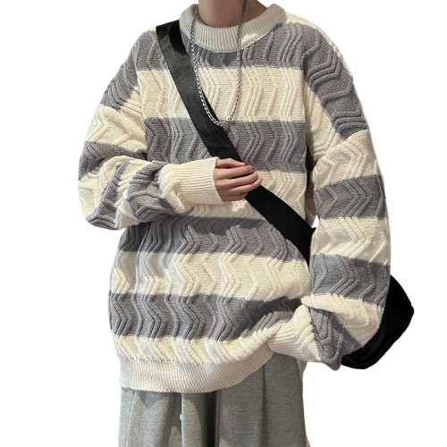 條紋毛衣男生秋冬季加厚寬松情侶2025新款慵懶風高級感潮牌針織衫