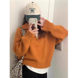 設計感半拉鍊翻領套頭毛衣女秋冬新款韓系立領寬松氣質針織衫外穿