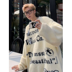 美式仿貂絨毛衣男春季裝寬松圓領內搭線衣高街嘻哈潮流情侶針織衫