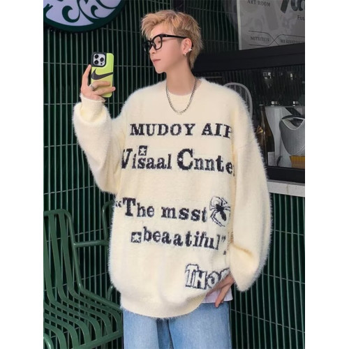 美式仿貂絨毛衣男春季裝寬松圓領內搭線衣高街嘻哈潮流情侶針織衫