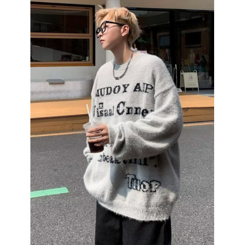 美式仿貂絨毛衣男春季裝寬松圓領內搭線衣高街嘻哈潮流情侶針織衫