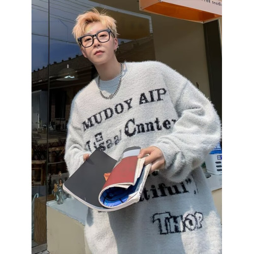 美式仿貂絨毛衣男春季裝寬松圓領內搭線衣高街嘻哈潮流情侶針織衫