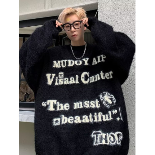 美式仿貂絨毛衣男春季裝寬松圓領內搭線衣高街嘻哈潮流情侶針織衫