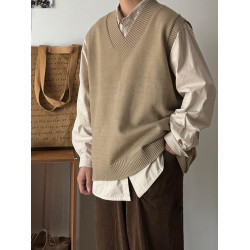 日系男裝秋冬休閒寬松V領針織馬甲毛衣復古純色中性情侶背心男女