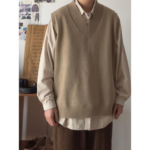 日系男裝秋冬休閒寬松V領針織馬甲毛衣復古純色中性情侶背心男女