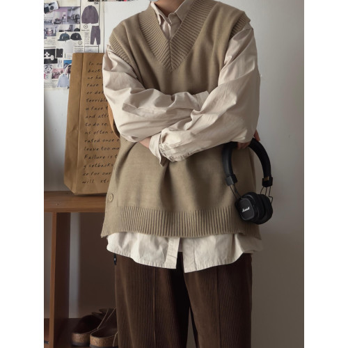 日系男裝秋冬休閒寬松V領針織馬甲毛衣復古純色中性情侶背心男女