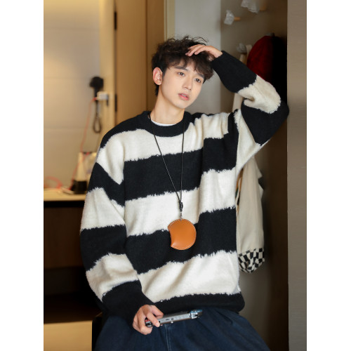 @港仔文藝男 條紋圓領毛衣男冬季新款秋冬男生慵懶內搭針織衫男款 @港仔文藝男 條紋圓領毛衣男冬季新款秋冬男生慵懶內搭針織衫男款