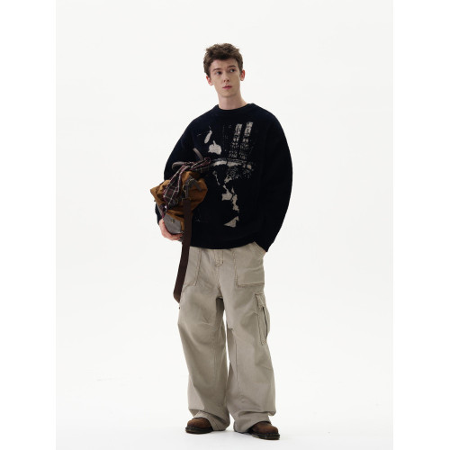 MADWITCH秋冬新款復古提花毛衣針織衫男女寬松小衆設計感情侶上衣