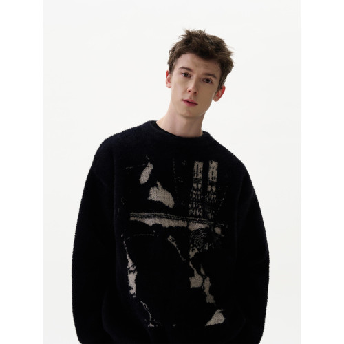 MADWITCH秋冬新款復古提花毛衣針織衫男女寬松小衆設計感情侶上衣