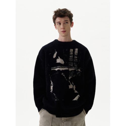 MADWITCH秋冬新款復古提花毛衣針織衫男女寬松小衆設計感情侶上衣