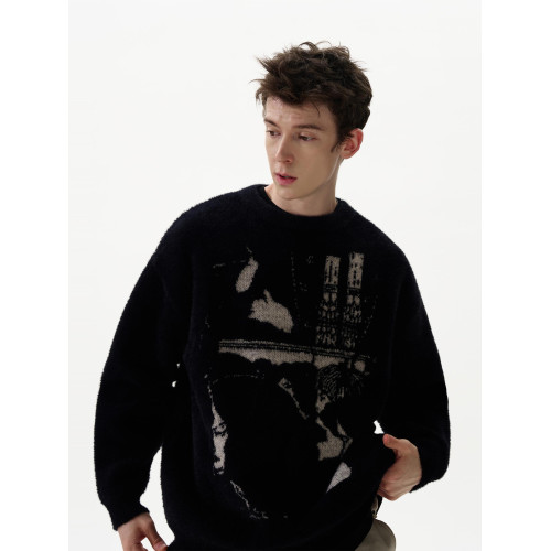 MADWITCH秋冬新款復古提花毛衣針織衫男女寬松小衆設計感情侶上衣