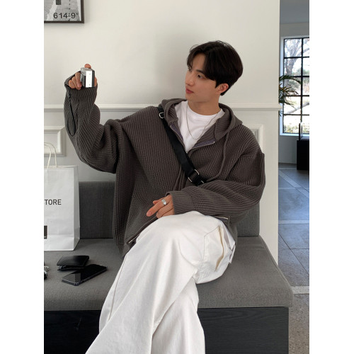 美式針織開衫毛衣外套男秋冬新款復古慵懶風潮牌百搭純色拉鍊線衣