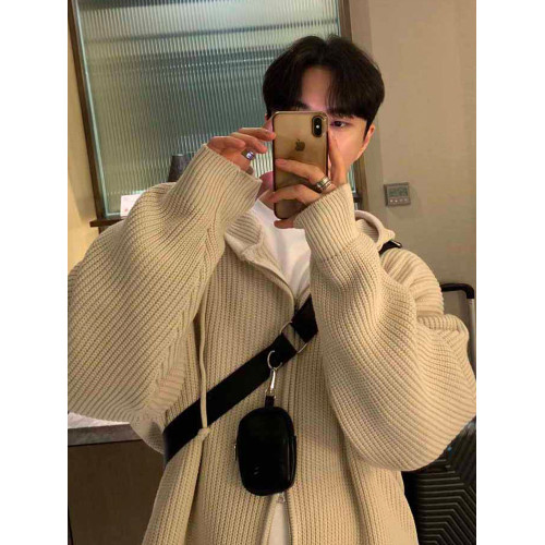 美式針織開衫毛衣外套男秋冬新款復古慵懶風潮牌百搭純色拉鍊線衣