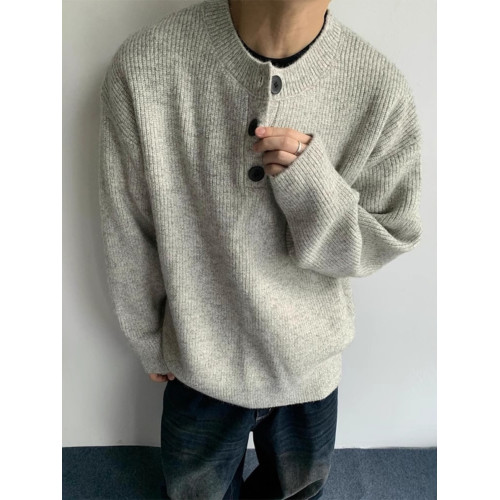 灰色美式復古亨利領毛衣男款冬季慵懶風高級感針織衫cleanfit外套 灰色美式復古亨利領毛衣男款冬季慵懶風高級感針織衫cleanfit外套