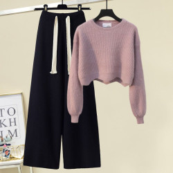 針織毛衣女秋冬新款休閒時尚設計感奶系穿搭顯瘦高腰濶腿褲兩件套