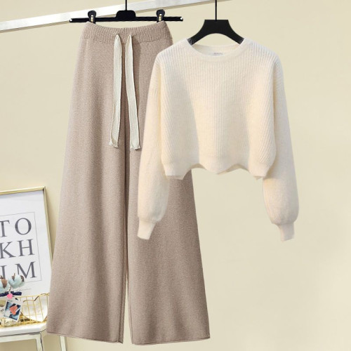 針織毛衣女秋冬新款休閒時尚設計感奶系穿搭顯瘦高腰濶腿褲兩件套 針織毛衣女秋冬新款休閒時尚設計感奶系穿搭顯瘦高腰濶腿褲兩件套