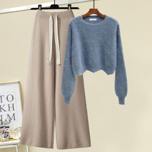 針織毛衣女秋冬新款休閒時尚設計感奶系穿搭顯瘦高腰濶腿褲兩件套 針織毛衣女秋冬新款休閒時尚設計感奶系穿搭顯瘦高腰濶腿褲兩件套