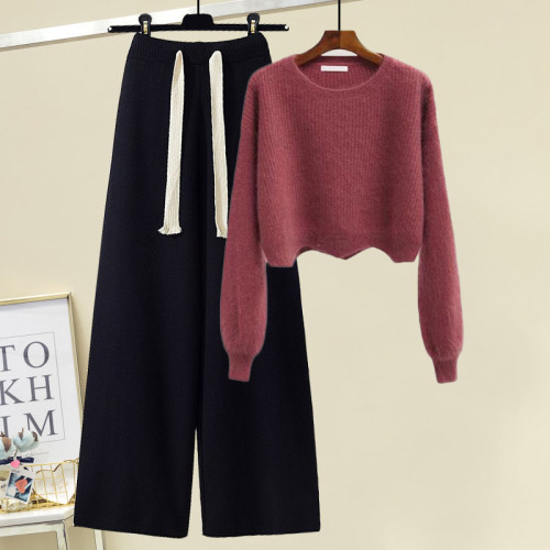 針織毛衣女秋冬新款休閒時尚設計感奶系穿搭顯瘦高腰濶腿褲兩件套 針織毛衣女秋冬新款休閒時尚設計感奶系穿搭顯瘦高腰濶腿褲兩件套