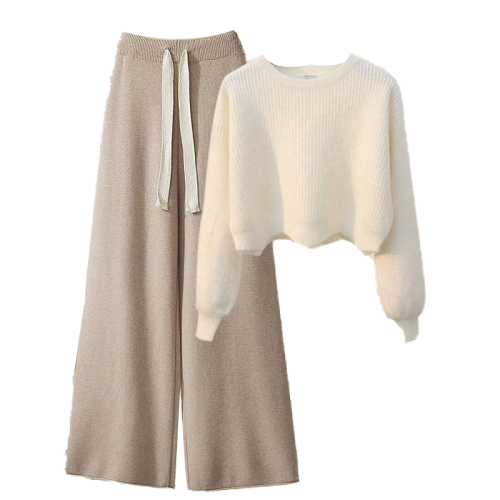 針織毛衣女秋冬新款休閒時尚設計感奶系穿搭顯瘦高腰濶腿褲兩件套 針織毛衣女秋冬新款休閒時尚設計感奶系穿搭顯瘦高腰濶腿褲兩件套