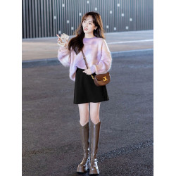 紫色高級感紥染打底毛衣女士秋冬季新款慵懶風外穿長袖針織衫上衣