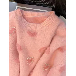 釘珠愛心毛衣女秋冬季一體加絨寬松軟糯針織衫溫柔風套頭圓領上衣