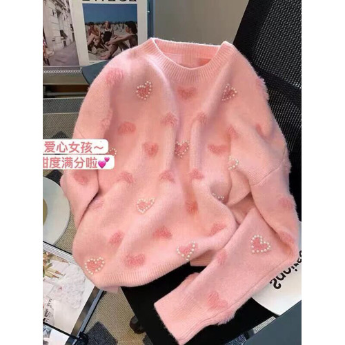 釘珠愛心毛衣女秋冬季一體加絨寬松軟糯針織衫溫柔風套頭圓領上衣 釘珠愛心毛衣女秋冬季一體加絨寬松軟糯針織衫溫柔風套頭圓領上衣