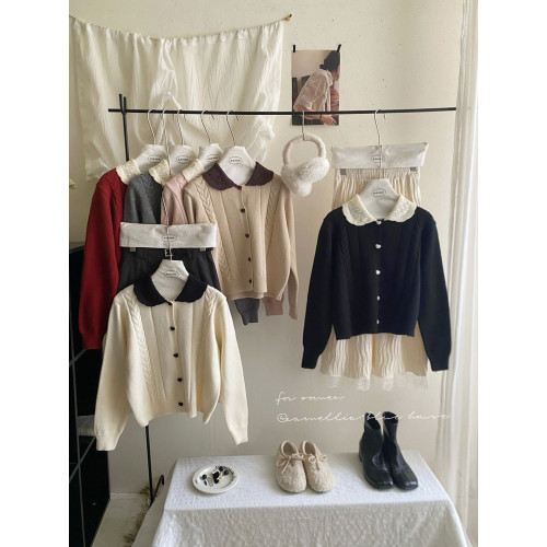 韓系復古撞色娃娃領長袖毛衣女秋冬小衆溫柔甜美氣質針織外穿上衣