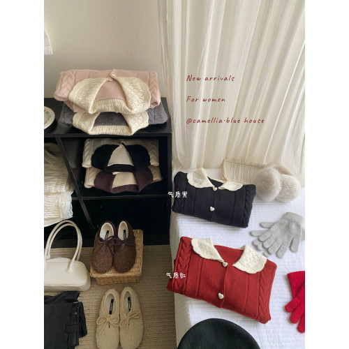 韓系復古撞色娃娃領長袖毛衣女秋冬小衆溫柔甜美氣質針織外穿上衣