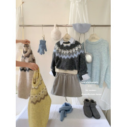 復古撞色提花獨特費爾島毛衣女秋冬季氛圍感寬松慵懶圓領針織上衣