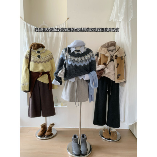 復古撞色提花獨特費爾島毛衣女秋冬季氛圍感寬松慵懶圓領針織上衣 復古撞色提花獨特費爾島毛衣女秋冬季氛圍感寬松慵懶圓領針織上衣