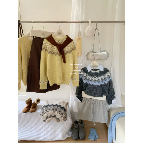 復古撞色提花獨特費爾島毛衣女秋冬季氛圍感寬松慵懶圓領針織上衣 復古撞色提花獨特費爾島毛衣女秋冬季氛圍感寬松慵懶圓領針織上衣