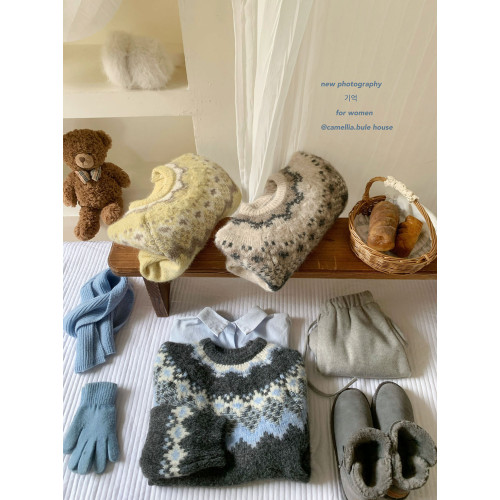 復古撞色提花獨特費爾島毛衣女秋冬季氛圍感寬松慵懶圓領針織上衣 復古撞色提花獨特費爾島毛衣女秋冬季氛圍感寬松慵懶圓領針織上衣