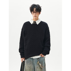 悟空有貨秋冬復古麻花圓領針織衫男潮牌寬松情侶休閒百搭套頭毛衣