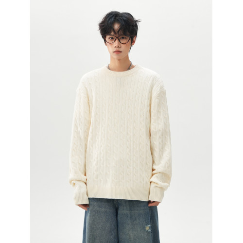 悟空有貨秋冬復古麻花圓領針織衫男潮牌寬松情侶休閒百搭套頭毛衣