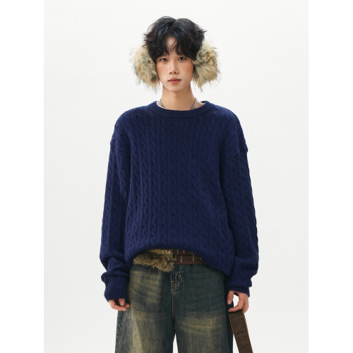 悟空有貨秋冬復古麻花圓領針織衫男潮牌寬松情侶休閒百搭套頭毛衣