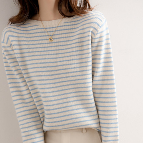 圓領條紋羊絨衫女2025秋冬新款撞色毛衣韓版寬松百搭針織打底長袖