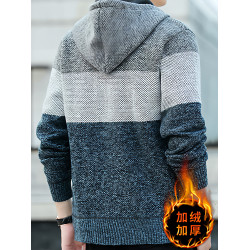 秋冬季新款男士連帽夾克加絨加厚時尚百搭針織開衫休閒毛衣外套潮