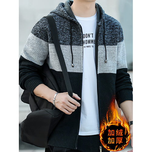 秋冬季新款男士連帽夾克加絨加厚時尚百搭針織開衫休閒毛衣外套潮 秋冬季新款男士連帽夾克加絨加厚時尚百搭針織開衫休閒毛衣外套潮