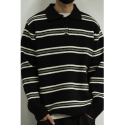 LH store 美式復古條紋POLO毛衣男秋寬松情侶翻領長袖針織衫上衣