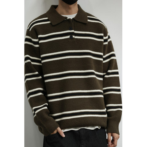LH store 美式復古條紋POLO毛衣男秋寬松情侶翻領長袖針織衫上衣 LH store 美式復古條紋POLO毛衣男秋寬松情侶翻領長袖針織衫上衣