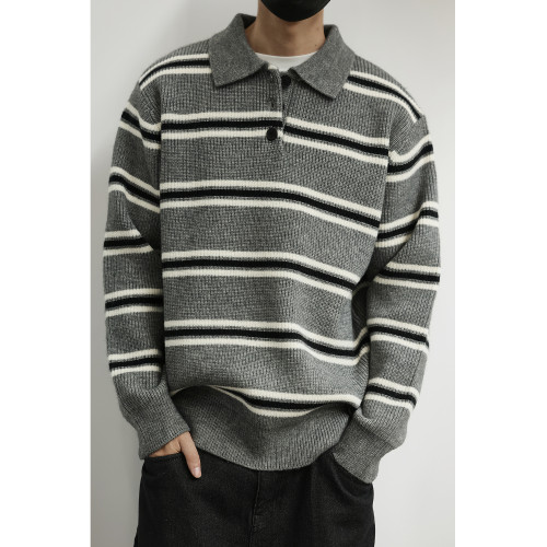 LH store 美式復古條紋POLO毛衣男秋寬松情侶翻領長袖針織衫上衣 LH store 美式復古條紋POLO毛衣男秋寬松情侶翻領長袖針織衫上衣