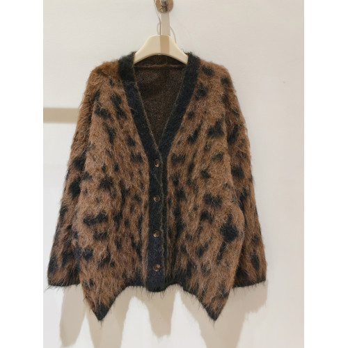 美式松弛感時髦豹紋毛衣外套女秋冬新款毛絨針織開衫慵懶寬松上衣