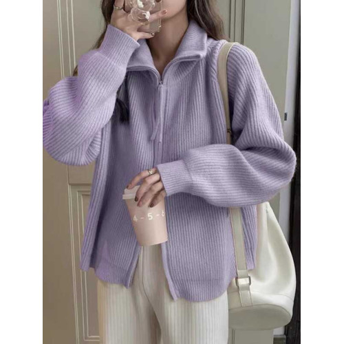 高級感超好看紫色針織開衫外套春秋季2025新款加厚翻領拉鍊毛衣女