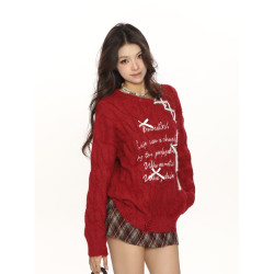 BIGGOLD紅色新年戰袍蝴蝶結綁帶毛衣女秋冬慵懶風軟糯針織衫上衣