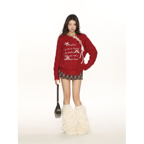 BIGGOLD紅色新年戰袍蝴蝶結綁帶毛衣女秋冬慵懶風軟糯針織衫上衣