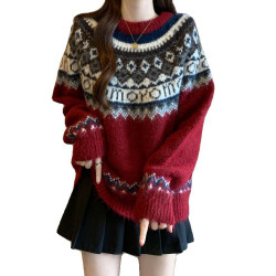 紅色費爾島毛衣女2025秋裝新款大碼胖mm加厚針織衫聖誕氛圍感上衣