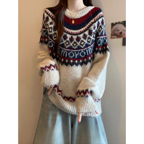 紅色費爾島毛衣女2025秋裝新款大碼胖mm加厚針織衫聖誕氛圍感上衣