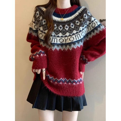 紅色費爾島毛衣女2025秋裝新款大碼胖mm加厚針織衫聖誕氛圍感上衣