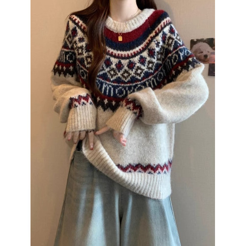 紅色費爾島毛衣女2025秋裝新款大碼胖mm加厚針織衫聖誕氛圍感上衣