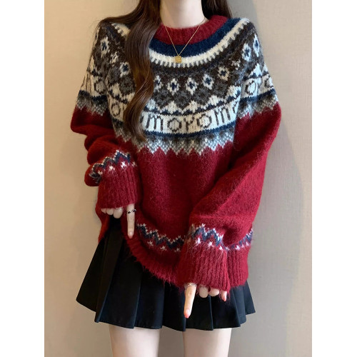 紅色費爾島毛衣女2025秋裝新款大碼胖mm加厚針織衫聖誕氛圍感上衣